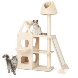 Arbre à chat en bois massif 162 cm tour de chat multicouche balle et poteaux rotatifs à gratter ram