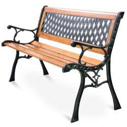 Banc de jardin avec bandes en bois pieds en fer dossier ergonomique et accoudoirs incurvés pour par