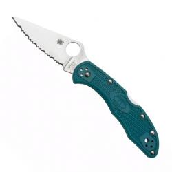 Couteau "Delica 4" K390 / nylon-fibre de verre bleu, Tranchant dentelé [Spyderco]