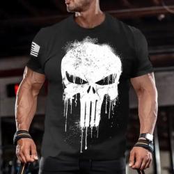 T-shirt, style militaire, Punisher,(tête de mort) et drapeau américain sur la Manche, couleur noir