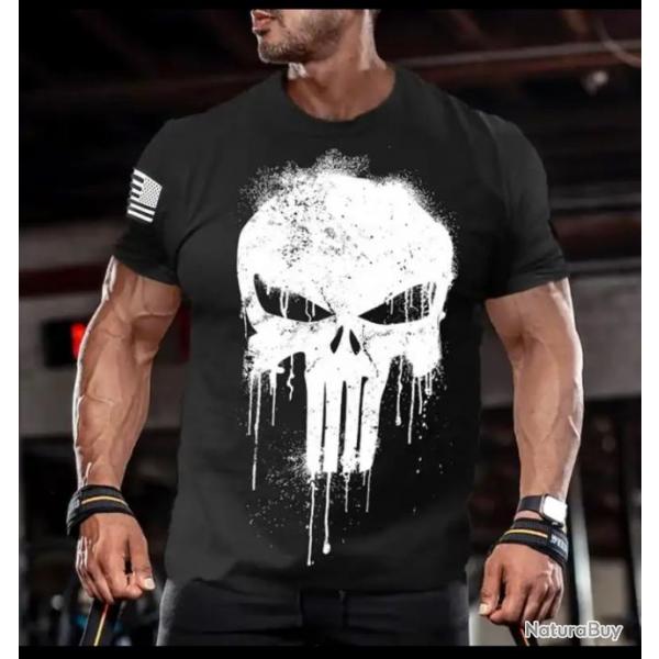 T-shirt, style militaire, Punisher,(tte de mort) et drapeau amricain sur la Manche, couleur noir