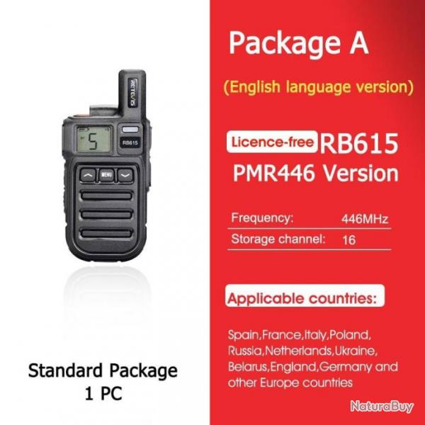 Mini talkie-walkie RB615 PMR / FRS PMR446 PTT - PMR English 1PC