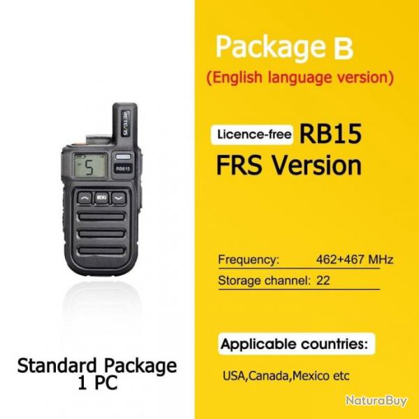 Mini talkie-walkie RB615 PMR / FRS PMR446 PTT - FRS English 1PC