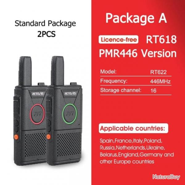 Mini walkie-talkie RT618 PTT PMR 446 2pcs - PMR RT618-Package A