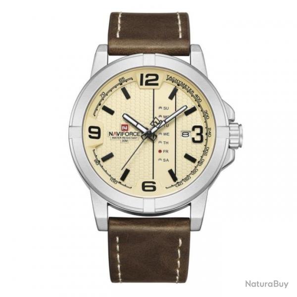 Montre bracelet cuir NAVIFORCE beige/argent