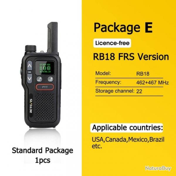 Talkie Walkie PMR 446 RB618 longue porte - Pack E FRS 1 pc