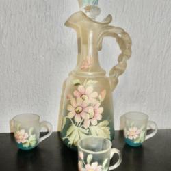 ANCIENNE CARAFE EMAILLÈE + 3 VERRES