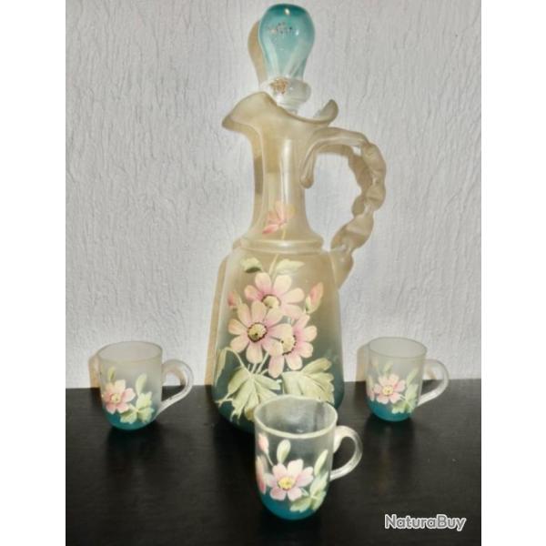 ANCIENNE CARAFE EMAILLE + 3 VERRES