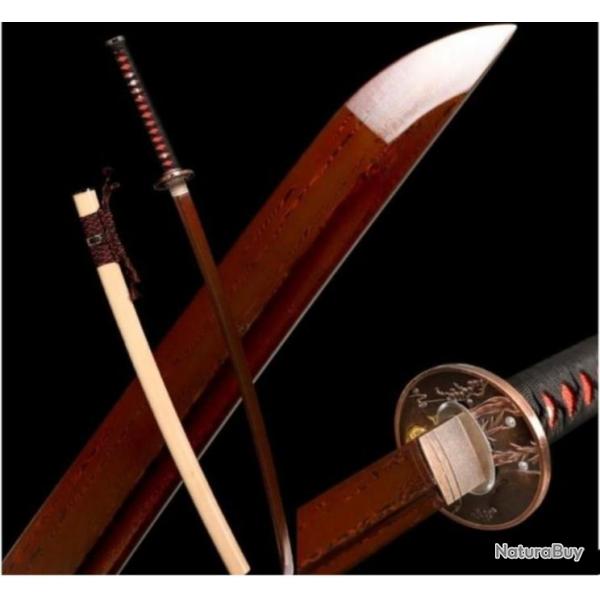 Katana japonais forg main, acier damas, motif rouge "blood line"