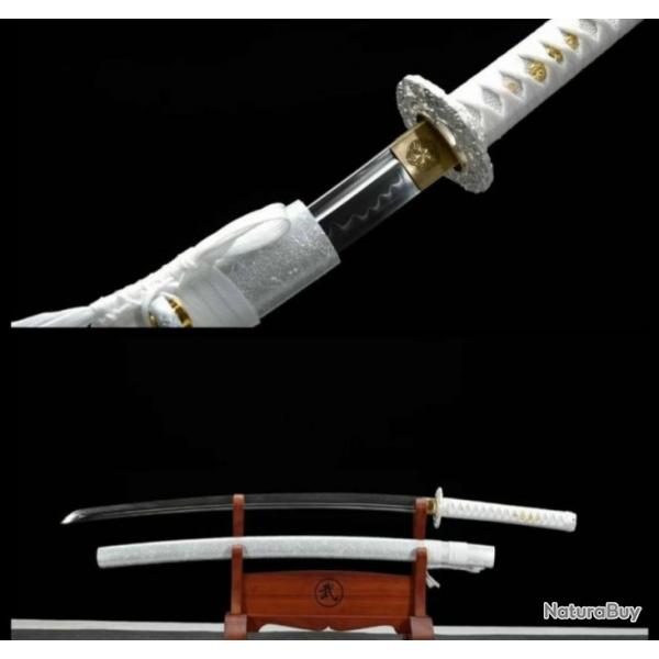 Magnifique katana japonais NEIGE, lame tincelante, tranchante, forg main