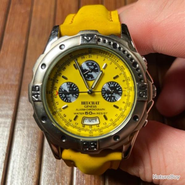 MONTRE BEUCHAT GENESIS YELLOW CHRONOGRAPH TIMER DATA ALARM