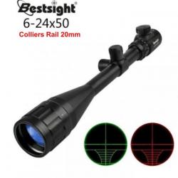 Lunette de Visée 6-24X50 Colliers Rail 20mm Réticule Vert Rouge Tir Affût Tactique Bestsight