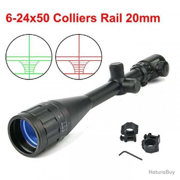 Lunette de Vise 6-24X50 Colliers Rail 20mm *Enchre* Rticule Vert Rouge Tir Afft Tactic Bestsight