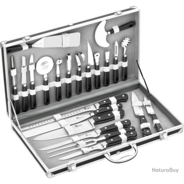 Valise Cuisinier 23 Pices - 8 Couteaux + 15 Ustensiles de Cuisine - Acier Inoxydable