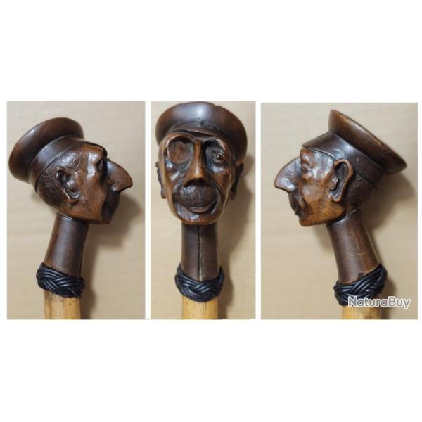 Exceptionnel pommeau de canne caricature officier allemand  WWII