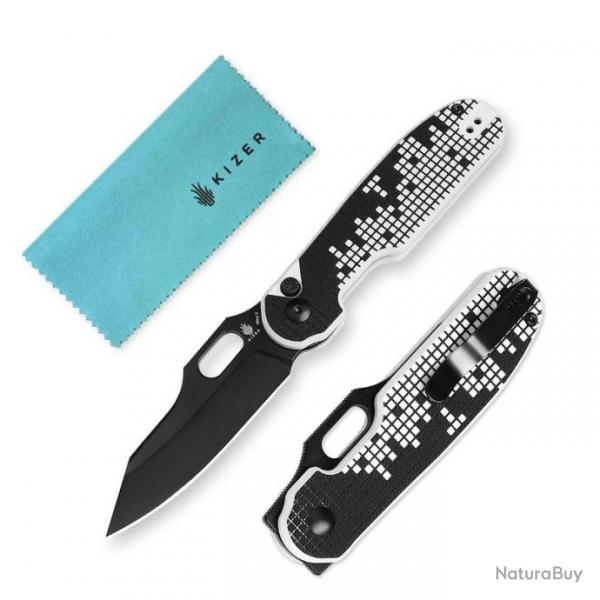 Couteau Kizer Cormorant Black/White Lame Nitro-V Black Manche G10 IKBS Button Lock Clip KIV4562A1