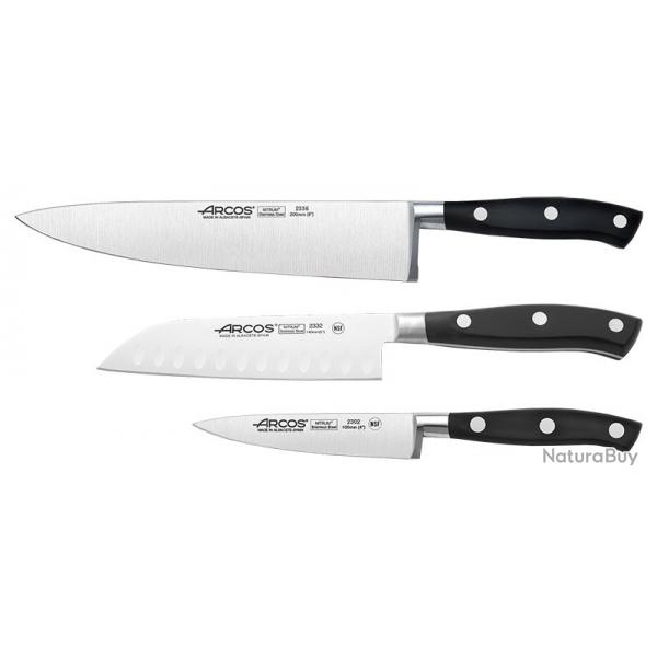 Couteau Coffret Riviera Noir - Arcos- santoku 140mm - office 100m - Chef 200mm