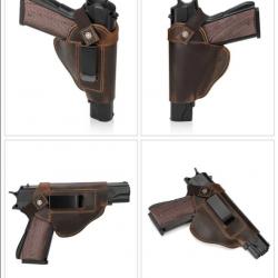 Etui Holster Pistolet Revolver Universel ceinture en Cuir Marron avec Verrouillage