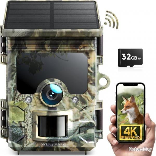 Camra de Chasse Solaire 4K 30fps 46MP WiFi Bluetooth Camera Chasse avec Carte Micro SD U3 32GB