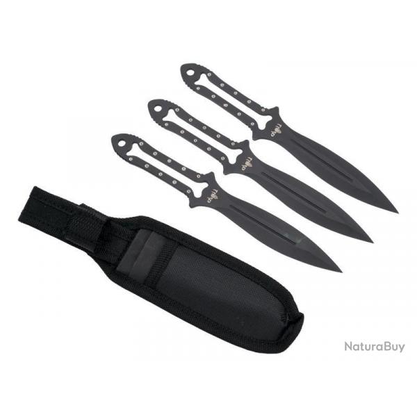 JEU 3 COUTEAUX LANCER THIRD 10CM INOX NOIR + ETUI