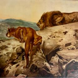 Lion et lionne huile sur toile par w.papendick