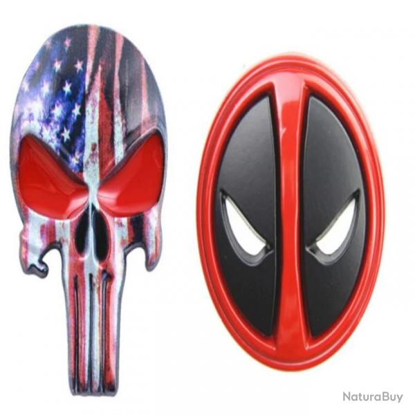 Sticker badge Punisher mtal 3D - USA rouge et Deadpool