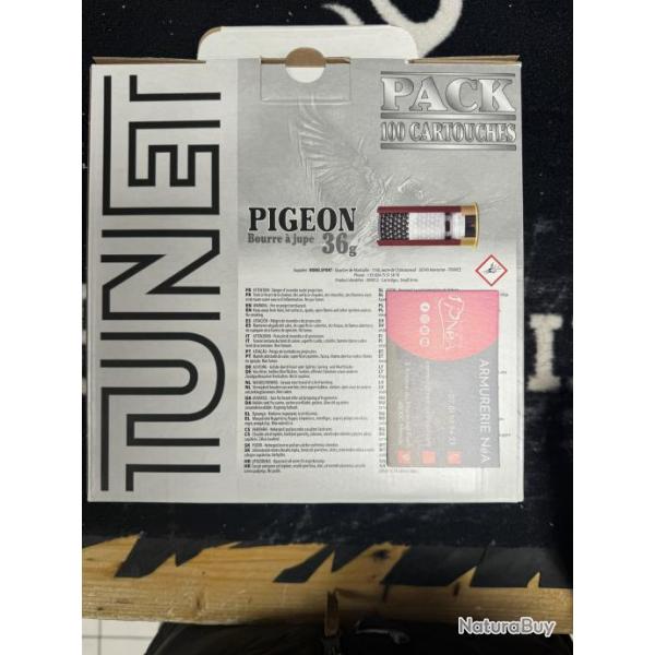 Pack 100 cartouches Tunet Pigeon calibre 12 36 grammes plomb de 6 LIV GRATIS