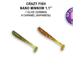 Pochette LEURRE SOUPLE Shad CRAZY FISH NANO MINNOW 1,1" #1 OLIVE / #9 CARAMEL