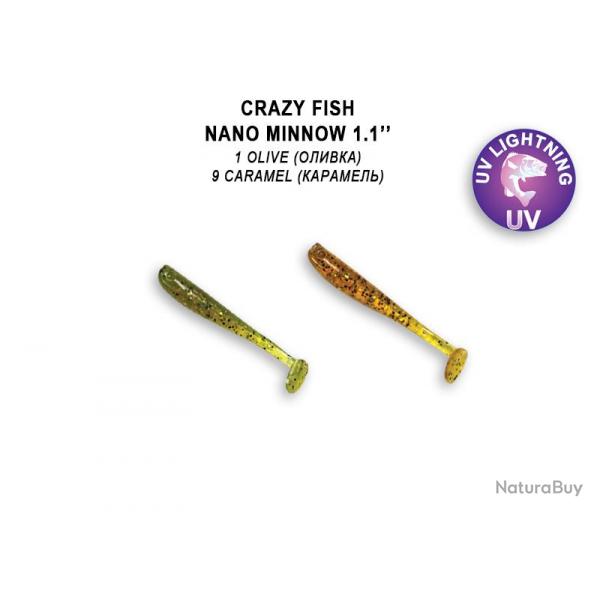 Pochette LEURRE SOUPLE Shad CRAZY FISH NANO MINNOW 1,1" #1 OLIVE / #9 CARAMEL