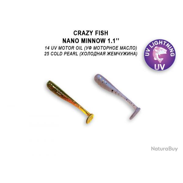 Pochette LEURRE SOUPLE Shad CRAZY FISH NANO MINNOW 1,1" #14 UV MOTOR OIL / #25 COLD PEARL