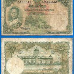 Thailande 20 Baht 1953 Billet Bath Rama 3 Roi Asie