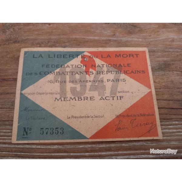 1947 carte fdration nationale des combattants rpublicains