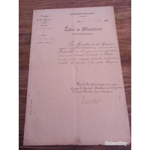 Lettre de flicitations de 1902 Infanterie