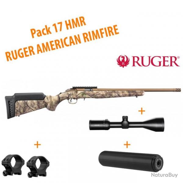 Pack 17 HMR RUGER AMERICAN RIMFIRE + HAWKE VANTAGE 4-12x50+ silencieux 1/2X28 UNEF