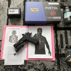 Lot Pistolet Airsoft AEP Cyma CM131S + Green Dot + Lampe Picatinny + Accessoires