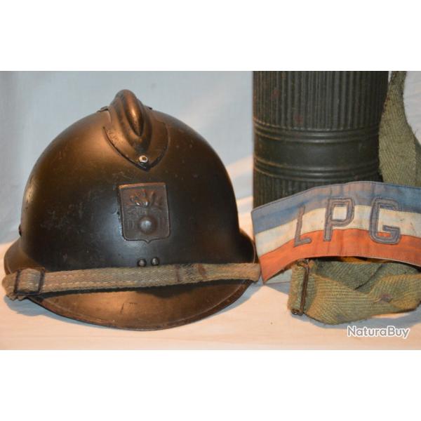 CASQUE Mle 1926-MASQUE A GAZ & BRASSARD-DEFENSE PASSIVE-ETAT FRANCAIS-OCCUPATION-2GUERRE 1939/1945