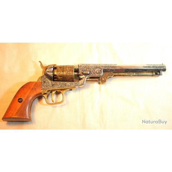 WESTERN - Revolver DENIX Colt Navy 1851 barillet  scnes navires et plaquettes bois ref EBR24NAV002