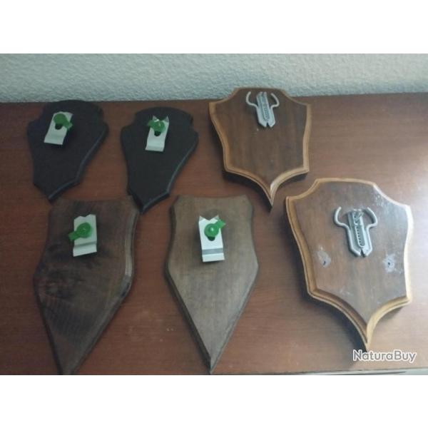 6 ECUSSONS BOIS AVEC PINCES DE FIXATION POUR TROPHEES CHASSE CHEVREUIL CHAMOIS