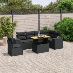 Salon de jardin 7 pcs avec coussins noir résine tressée