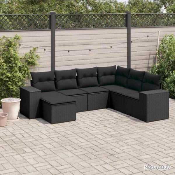 Salon de jardin 7 pcs avec coussins noir rsine tresse