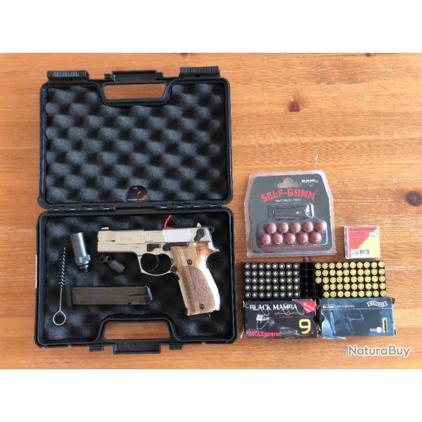 Pistolet Walther P88 nickel crosse bois cal.9mm P.A.K (pack avec munitions et lance-balles)