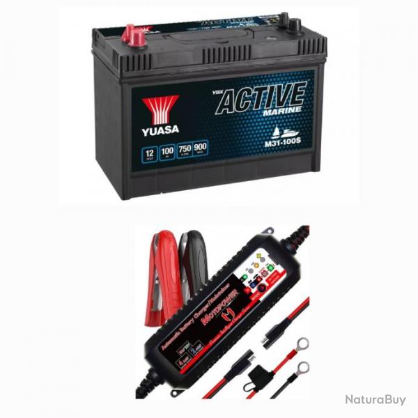 Batterie Marine Yuasa 12V 100Ah/C20 + Chargeur batterie Motopower MP00207A 12V 2Amp