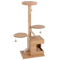 Arbre à chat en bois 129 cm condo perchoir supérieur plates-formes rondes pompons suspendus coussin