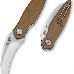 Couteau BESTECH MANTIDAE Brown Manche G10 Lame Acier 14C28N Hawkbill IKBS Linerlock Clip BTKG60B