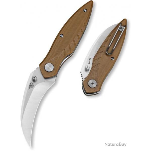 Couteau BESTECH MANTIDAE Brown Manche G10 Lame Acier 14C28N Hawkbill IKBS Linerlock Clip BTKG60B