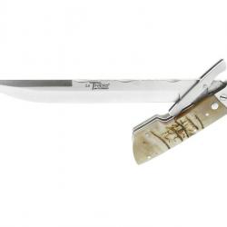 BEL1284 DAGUE DE CHASSE PLIANTE LE THIERS MANCHE CORNE DE BELIER LAME ACIER + ETUI NEUF