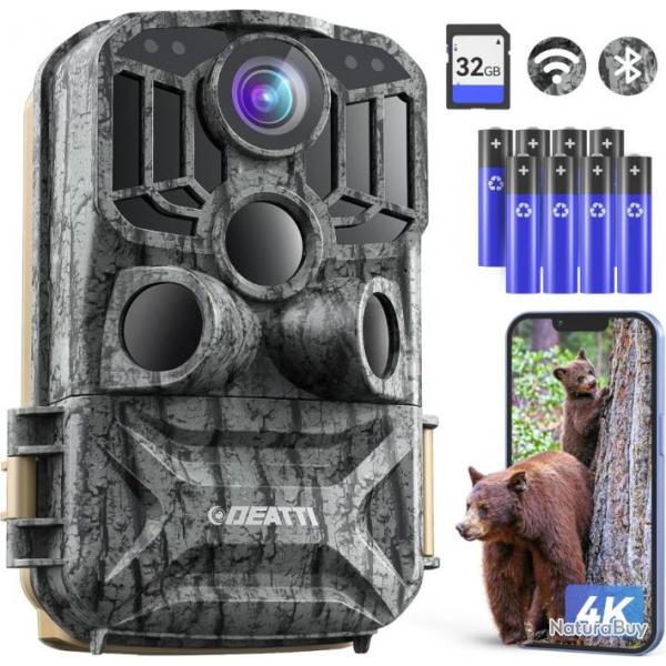 Camra de Chasse 4K 48MP WiFi Vision Nocturne Infrarouge 120/IP66C arte 32GB + Piles Incluses