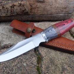 Poignard Couteau De Chasse Survie Bowie Lame Acier Carbone 1055 Etui Cuir Manche Bois Fab ArtisanatA