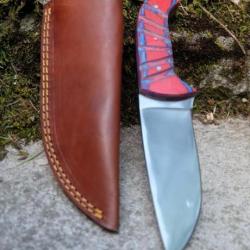 Couteau De Chasse Bushcraft Skinner Lame Acier Carbone 1055 Manche Bois Etui Cuir Fabric Artisanale