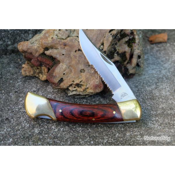 GROS Couteau de Chasse Faon Buck 110 Manche Bois Lame Acier Inox Serrated Scurit Lockback